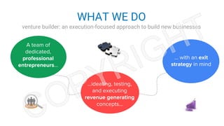 WHAT WE DO
venture builder: an execution-focused approach to build new businesses
...ideating, testing,
and executing
revenue generating
concepts...
… with an exit
strategy in mind
A team of
dedicated,
professional
entrepreneurs...
 