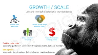 GROWTH / SCALE
venture to reach operational independence
Gorilla Labs role:
leadership guidance + approval of strategic decisions, as board members
Exit option:
opportunity for exit options during follow-on investment rounds
Follow plan
execution
Retain active board
member status
Close attention
to talent
Track financials &
funding needs
 
