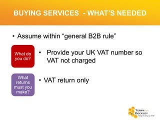BUYING SERVICES - WHAT’S NEEDED
• Assume within “general B2B rule”
What do
you do?

What
returns
must you
make?

• Provide your UK VAT number so
VAT not charged

• VAT return only

 
