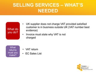 SELLING SERVICES – WHAT’S
NEEDED

What do
you do?

What
returns
must you
make?

• UK supplier does not charge VAT provided satisfied
customer is in business outside UK (VAT number best
evidence)
• Invoice must state why VAT is not
charged

• VAT return
• EC Sales List

 