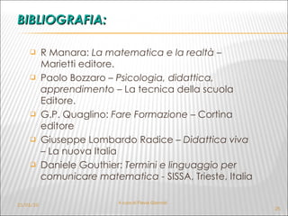 BIBLIOGRAFIA: R Manara:  La matematica e la realtà  – Marietti editore.  Paolo Bozzaro –  Psicologia, didattica, apprendimento  – La tecnica della scuola Editore. G.P. Quaglino:  Fare Formazione  – Cortina editore  Giuseppe Lombardo Radice –  Didattica viva  – La nuova Italia Daniele Gouthier:  Termini e linguaggio per comunicare matematica -  SISSA, Trieste, Italia A cura di Flavia Giannoli 21/01/10 