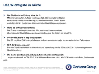 September 13 / ak
 Die Süddeutsche Zeitung klare Nr. 1:
Mit einer verkauften Auflage von knapp 420.000 Exemplaren täglich
erreicht die Süddeutsche Zeitung 1,43 Millionen Leser. Damit ist sie
weiterhin die Nr. 1 unter den überregionalen Qualitätstageszeitungen.
 Hohe SZ-Exklusivleseranteile:
Die Überschneidungen zwischen SZ-Lesern und Lesern anderer
überregionaler Qualitätstageszeitungen sind gering: Sie liegen bei etwa 5%.
 Pro Süddeutsche in Top-Zielgruppen:
Die SZ zeigt ihre Stärke in gehobenen, einkommensstarken oder konsumorientierten Zielgruppen.
 Nr.1 der Business-paper:
Bei den Top-Entscheidern in Wirtschaft und Verwaltung ist die SZ laut LAE 2013 die meistgelesene
Qualitätszeitung.
 Die Marke Süddeutsche Zeitung auf allen Kanälen erfolgreich:
Insgesamt lesen lt. ACTA 2012 3,54 Millionen Personen mind. ein SZ-Produkt – via Print, Online oder
App.
Das Wichtigste in Kürze
Mafo/Sep-13/ss
3
N:BasicsSonstdiversepptDeckblatt_wichtigste_in_kuerze_0713.pptx
Quellen: IVW Auflagenliste II. Quartal 2013 verkaufte Auflage Mo-Sa; Media-Analyse (agma) 2013 Tageszeitungen;
deutschsprachige Bevölkerung ab 14 Jahre; Leseranalyse Entscheidungsträger (LAE) 2013; Allensbacher Computer- und
Technikanalyse (ACTA) 2012
 