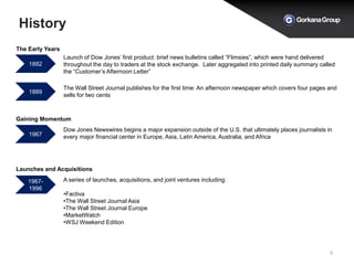 History
5
1882
1889
1967
1967-
1996
Launch of Dow Jones’ first product: brief news bulletins called “Flimsies”, which were hand delivered
throughout the day to traders at the stock exchange. Later aggregated into printed daily summary called
the “Customer’s Afternoon Letter”
The Wall Street Journal publishes for the first time: An afternoon newspaper which covers four pages and
sells for two cents
Dow Jones Newswires begins a major expansion outside of the U.S. that ultimately places journalists in
every major financial center in Europe, Asia, Latin America, Australia, and Africa
A series of launches, acquisitions, and joint ventures including:
•Factiva
•The Wall Street Journal Asia
•The Wall Street Journal Europe
•MarketWatch
•WSJ Weekend Edition
Launches and Acquisitions
The Early Years
Gaining Momentum
 