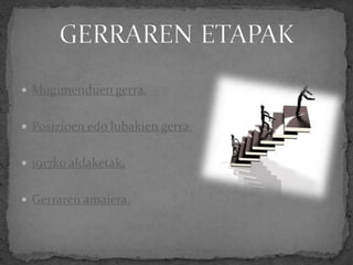  Mugimenduen gerra.
 Posizioen edo lubakien gerra.
 1917ko aldaketak.
 Gerraren amaiera.
 