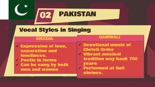 PAKISTAN
02
Vocal Styles in Singing
GHAZAL
 Expression of love,
separation and
loneliness.
 Poetic in forms
 Can be sung by both
men and women
SECULAR
 Devotional music og
Christi Order
 Vibrant musical
tradition way back 700
years
 Performed at Sufi
shrines.
QAWWALI
 Devotional music of
Christi Order
 Vibrant musical
tradition way back 700
years
 Performed at Sufi
shrines.
 