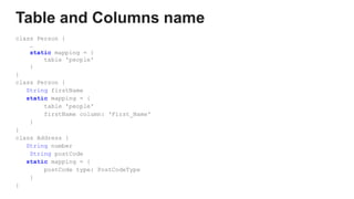 Table and Columns name
class Person {
…
static mapping = {
table 'people'
}
}
class Person {
String firstName
static mapping = {
table 'people'
firstName column: 'First_Name'
}
}
class Address {
String number
String postCode
static mapping = {
postCode type: PostCodeType
}
}
 