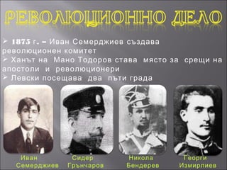  1875 г . – Иван Семерджиев създава
революционен комитет
 Ханът на Мано Тодоров става място за срещи на
апостоли и революционери
 Левски посещава два пъти града




   Иван         Сидер      Никола      Георги
  Семерджиев   Грънчаров   Бендерев   Измирлиев
 