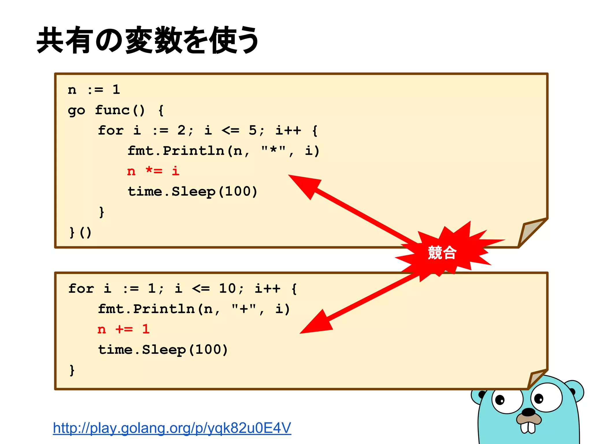 共有の変数を使う
n := 1
go func() {
for i := 2; i <= 5; i++ {
fmt.Println(n, "*", i)
n *= i
time.Sleep(100)
}
}()
http://play.golang.org/p/yqk82u0E4V
for i := 1; i <= 10; i++ {
fmt.Println(n, "+", i)
n += 1
time.Sleep(100)
}
競合
 
