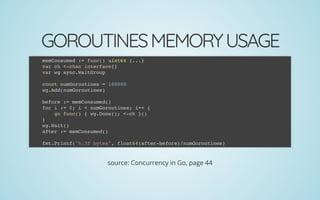 GOROUTINESMEMORYUSAGE
source: Concurrency in Go, page 44
memConsumed := func() uint64 {...}
var ch <-chan interface{}
var wg sync.WaitGroup
 
const numGoroutines = 100000
wg.Add(numGoroutines)
 
before := memConsumed()
for i := 0; i < numGoroutines; i++ {
go func() { wg.Done(); <-ch }()
}
wg.Wait()
after := memConsumed()
 
fmt.Printf("%.3f bytes", float64(after-before)/numGoroutines)
 