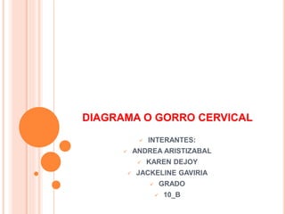 DIAGRAMA O GORRO CERVICAL 
 INTERANTES: 
 ANDREA ARISTIZABAL 
 KAREN DEJOY 
 JACKELINE GAVIRIA 
 GRADO 
 10_B 
 