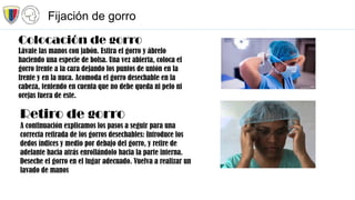 Colocación de gorro
Lávate las manos con jabón. Estira el gorro y ábrelo
haciendo una especie de bolsa. Una vez abierta, coloca el
gorro frente a la cara dejando los puntos de unión en la
frente y en la nuca. Acomoda el gorro desechable en la
cabeza, teniendo en cuenta que no debe queda ni pelo ni
orejas fuera de este.
Retiro de gorro
A continuación explicamos los pasos a seguir para una
correcta retirada de los gorros desechables: Introduce los
dedos índices y medio por debajo del gorro, y retire de
adelante hacia atrás enrollándolo hacia la parte interna.
Deseche el gorro en el lugar adecuado. Vuelva a realizar un
lavado de manos
Fijación de gorro
 