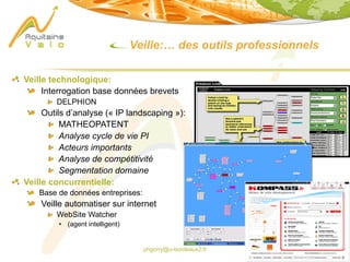 phgorry@u-bordeaux2.fr
Veille:… des outils professionnels
Veille technologique:
Interrogation base données brevets
DELPHION
Outils d’analyse (« IP landscaping »):
MATHEOPATENT
Analyse cycle de vie PI
Acteurs importants
Analyse de compétitivité
Segmentation domaine
Veille concurrentielle:
Base de données entreprises:
Veille automatiser sur internet
WebSite Watcher
• (agent intelligent)
 
