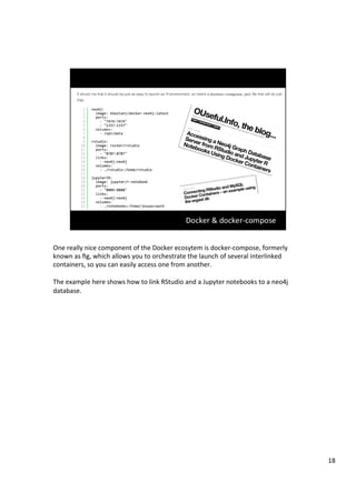 One	really	nice	component	of	the	Docker	ecosytem	is	docker-compose,	formerly	
known	as	ﬁg,	which	allows	you	to	orchestrate	the	launch	of	several	interlinked	
containers,	so	you	can	easily	access	one	from	another.	
	
The	example	here	shows	how	to	link	RStudio	and	a	Jupyter	notebooks	to	a	neo4j	
database.	
18	
 