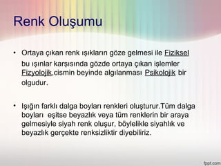 Renk Oluşumu

• Ortaya çıkan renk ışıkların göze gelmesi ile Fiziksel
  bu ışınlar karşısında gözde ortaya çıkan işlemler
  Fizyolojik,cismin beyinde algılanması Psikolojik bir
  olgudur.


• Işığın farklı dalga boyları renkleri oluşturur.Tüm dalga
  boyları eşitse beyazlık veya tüm renklerin bir araya
  gelmesiyle siyah renk oluşur, böylelikle siyahlık ve
  beyazlık gerçekte renksizliktir diyebiliriz.
 