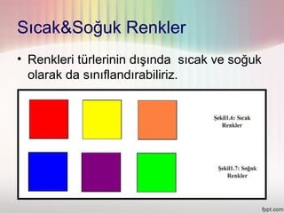 Sıcak&Soğuk Renkler
• Renkleri türlerinin dışında sıcak ve soğuk
  olarak da sınıflandırabiliriz.
 