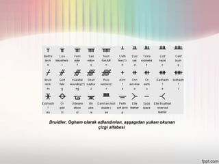 Druidler, Ogham olarak adlandırılan, aşşagıdan yukarı okunan
                       çizgi alfabesi
 