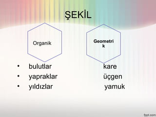 ŞEKİL




•   bulutlar            kare
•   yapraklar           üçgen
•   yıldızlar           yamuk
 
