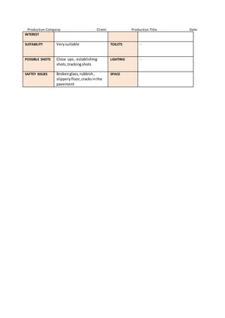 Production Company: Client: Production Title: Date:
INTEREST
SUITABILITY Verysuitable TOILETS -
POSSIBLE SHOTS Close ups , establishing
shots,trackingshots
LIGHTING -
SAFTEY ISSUES Brokenglass,rubbish ,
slipperyfloor,cracksinthe
pavement
SPACE
 