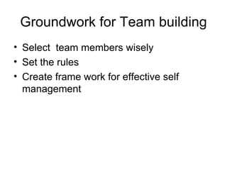 Groundwork for Team building ,[object Object],[object Object],[object Object]