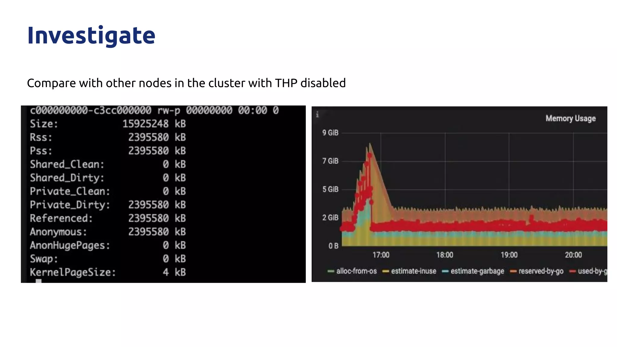 Compare with other nodes in the cluster with THP disabled
Investigate
 