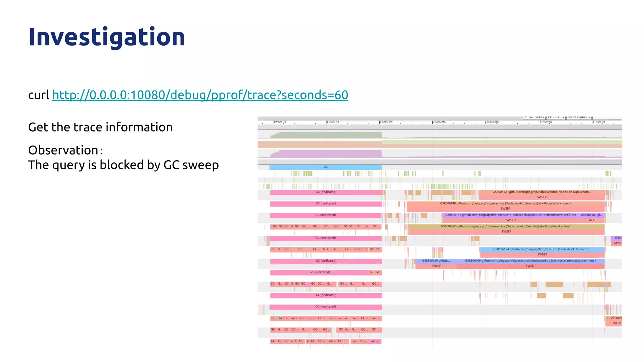 Investigation
curl http://0.0.0.0:10080/debug/pprof/trace?seconds=60
Get the trace information
Observation：
The query is blocked by GC sweep
 