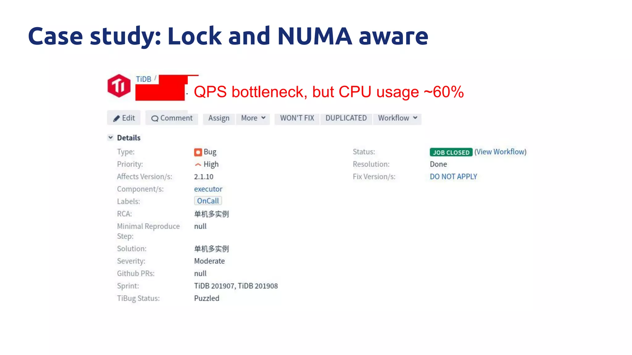 Case study: Lock and NUMA aware
QPS bottleneck, but CPU usage ~60%
 