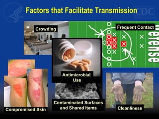 Contaminated Surfaces
and Shared Items
Frequent Contact
Cleanliness
Crowding
Compromised Skin
Factors that Facilitate Transmission
Antimicrobial
Use
 