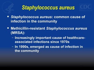 Staphylococcus aureus
 Staphylococcus aureus: common cause of
infection in the community
 Methicillin-resistant Staphylococcus aureus
(MRSA):
– Increasingly important cause of healthcare-
associated infections since 1970s
– In 1990s, emerged as cause of infection in
the community
 