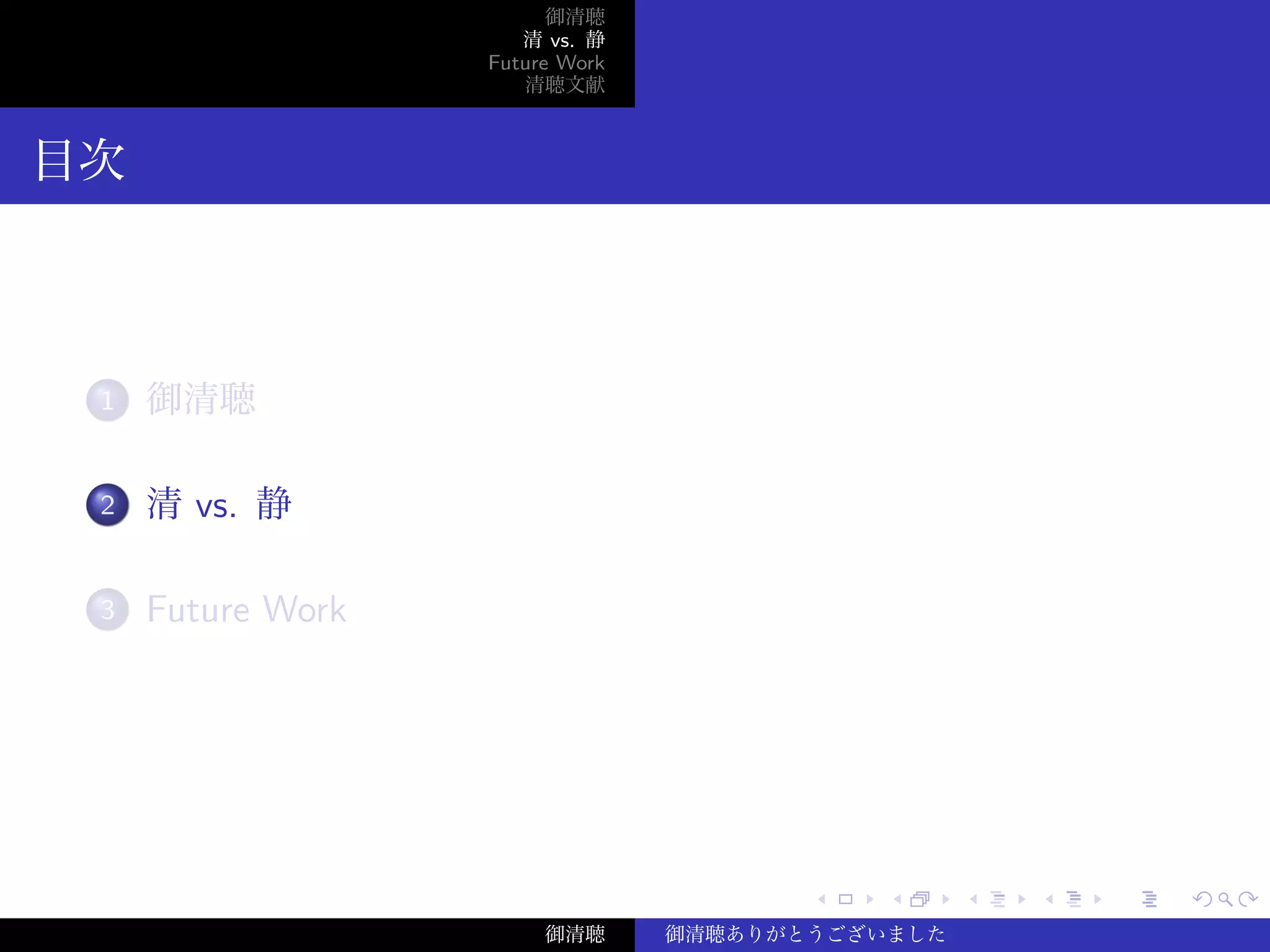 ‌
‌
‌
‌
‌
‌
‌
‌
‌
‌
‌
‌
‌
‌
‌
‌
‌
‌
‌
‌
‌
‌
‌
‌
‌
‌
‌
‌
‌
‌
‌
‌
‌
‌
‌
‌
‌
‌
‌
‌
御清聴 清 vs. 静 Future Work 清聴文献
目次
1 御清聴
2 清 vs. 静
3 Future Work
御清聴 御清聴ありがとうございました
 