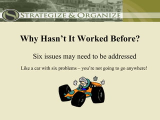 Why Hasn’t It Worked Before?
      Six issues may need to be addressed
Like a car with six problems – you’re not going to go anywhere!
 