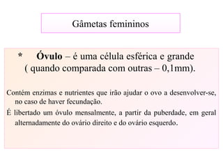 Gâmetas femininos
* Óvulo – é uma célula esférica e grande
( quando comparada com outras – 0,1mm).
Contém enzimas e nutrientes que irão ajudar o ovo a desenvolver-se,
no caso de haver fecundação.
É libertado um óvulo mensalmente, a partir da puberdade, em geral
alternadamente do ovário direito e do ovário esquerdo.
 