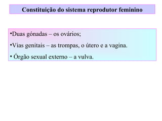 Constituição do sistema reprodutor feminino
•Duas gónadas – os ovários;
•Vias genitais – as trompas, o útero e a vagina.
• Órgão sexual externo – a vulva.
 
