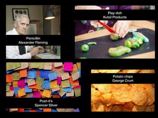 Penicillin
Alexander Fleming
Play-doh
Kutol Products
Post-it’s
Spencer Silver
Potato chips
George Crum
 