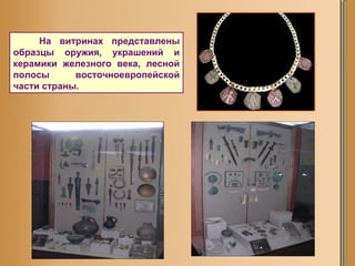 На витринах представлены образцы оружия, украшений и керамики железного века, лесной полосы восточноевропейской части страны.  