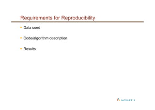 Requirements for Reproducibility
§  Data used
§  Code/algorithm description
§  Results
 