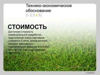Технико-экономическое
             обоснование
             (1 2 3 4 5)


СТОИМОСТЬ
Доступная стоимость
первоначальной разработки,
подключение новых партнеров
стремится к нолю, операционные
расходы минимальны,
стремительное развитие агентской
сети за счет уже существующих
партнеров.
 