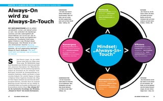 Kapitel 3: Always-in-touch: Das Mindset einer mobilen Welt
Always-On
wird zu
Always-In-Touch
Mit dem Smartphone wird es selbst­
verständlich, immer und überall online
zu sein. Das verändert die Handlungs­
routinen und das Lebens­gefühl der
Smart-Natives von Grund auf. Die im
Rahmen dieser Studie durchgeführten
qualitativen Trendsetter-Interviews
geben Einblick in das Mindset dieser
Nutzer­gruppe. Das Mindset ist an den
vier Dimensionen intuitive Nutzung,
Effi­zienz, Kommunikation und Konver­genz
ablesbar, die sich gegenseitig be­dingen.
Always-In-Touch bedeutet: Man geht
nicht mehr ins Internet, man ist einfach
im Internet.
S
mart-Natives zeigen, wie das mobile
Internet schon heute den Alltag seiner
Nutzer prägt. Wo Mobiltelefone längst
fester Bestandteil eines flexiblen Lebensstils geworden
sind, potenzieren Smartphones ihre Möglichkeiten.
Intuitive Nutzbarkeit und Personalisierungsoptionen
steigern die Faszination für das technische Gerät.
Konvergenz beschreibt die Zusammenführung ver-
schiedener Funktionen, Inhalte und Kanäle in einem
einzelnen Endgerät. Der einfache Zugang zu ständig
verfügbaren Online-Angeboten bereichert den Alltag
der Smart-Natives und bietet eine neue Form der nutzer­
bezogenen Effizienz. Getrieben durch die steigende
Bedeutung Sozialer Netzwerke und das ständige In-
Verbindung-Stehen mit Freunden und Bekannten wird
Kommunikation deutlich offener. Das „Always-On”
ist die technische Grund­lage des Mindsets,
„Always-In-Touch” die soziale Konsequenz.
Kommunikation
Social Media ergänzt SMS
und Telefonie ... direkte Inter­
aktions­­fähigkeit verkürzt
Inhalt und Form ... Permanent im
Datenfluss
Mindset:
„Always-In-
Touch”
Effizienz
Dynamisierung des Alltags ...
Flexibilität durch allzeitige
Verfügbarkeit ... Multitasking
verlängert den Tag ... Orts­
unabhängigkeit macht den
Faktor Zeit entscheidend
Nutzung
Intuitive Nutzung durch den
Touchscreen ... Einfachheit
durch Apps und RSS-Feeds ...
ohne Unterbrechung des
Tagesverlaufs
Konvergenz
Multifunktionalität im
digitalen „Schweizer Taschenmes-
ser” ... Personalisierung
des Gerätes durch Apps ...
Synergie von Kommu­nikation,
Entertainment, Information
nutzung
„Der Vorteil ist, ich bin
immer online. Da drück
ich einfach auf einen
Button und bin bei
Facebook oder auf einen
anderen und hab meine
E-Mails.” (Victor, 28)
Effizienz
„Das Smartphone macht
das Leben so viel schnel­
ler und einfacher. Ich
finde, es ist mit Abstand
eine der besten Entwick-
lungen, die man mitver-
folgen kann.” (Susi, 24)
Kommunikation
„Ich bin inzwischen
mehr damit im Internet,
als ich telefoniere. Man
kontaktiert sich eher
über Social Network
und Mail als über SMS.”
(Niklas, 24)
Konvergenz
„Ich habe mein Smart-
phone mittlerweile so
synchronisiert, dass ich
alles, was ich vorher
auf dem Laptop hatte,
jetzt auch auf dem Gerät
habe.” (Shima, 35)
16 GO-smart-Studie 2012 17GO-smart-Studie 2012
 