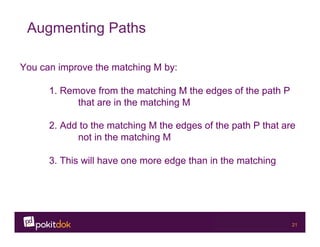 Confidential 21
Augmenting Paths
You can improve the matching M by:
1. Remove from the matching M the edges of the path P
that are in the matching M
2. Add to the matching M the edges of the path P that are
not in the matching M
3. This will have one more edge than in the matching
 
