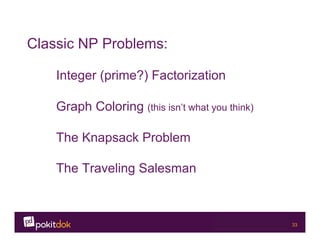 Confidential 33
Classic NP Problems:
Integer (prime?) Factorization
Graph Coloring (this isn’t what you think)
The Knapsack Problem
The Traveling Salesman
 