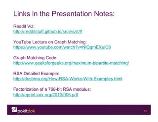 Confidential 51
Links in the Presentation Notes:
Reddit Viz:
http://redditstuff.github.io/sna/vizit/#
YouTube Lecture on Graph Matching:
https://www.youtube.com/watch?v=NlQqmEXuiC8
Graph Matching Code:
http://www.geeksforgeeks.org/maximum-bipartite-matching/
RSA Detailed Example:
http://doctrina.org/How-RSA-Works-With-Examples.html
Factorization of a 768-bit RSA modulus:
http://eprint.iacr.org/2010/006.pdf
 