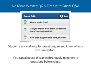 No More Wasted Q&A Time with Social Q&A
Students ask and vote for questions, so you know what’s
most important.
You can also use this asynchronously to generate
questions before class.
 