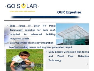 Roof-Top &
OUR Expertise
 Daily Energy Generation Monitoring
and Panel Flaw Detection
Technology
to offset shading issues and augment generation output
 Wide range of Solar PV Panel
Technology expertise for both roof-
mounted to advanced building
integrated panels
 Solar Optimizer Technology integration
14
 
