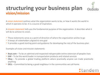 structuring your business plan vision/mission Examples of vision and mission statements: Bayt.com  – To be an admired and respected indispensable online extension of peoples lives GM  – To be the world leader in transportation products and related services EBay  – To provide a global trading platform where practically anyone can trade practically anything DELL  – Committed to being a good neighbour in the communities we call home. A  vision statement  outlines what the organization wants to be, or how it wants the world in which it operates to be. It is a source of inspiration. A  mission statement  tells you the fundamental purpose of the organization. It describes what it will do to achieve its vision. These statements serve as a point of direction of where the organization wishes to go It keeps all stakeholders aligned to one goal It provides a good starting point and guidance for developing the rest of the business plan 