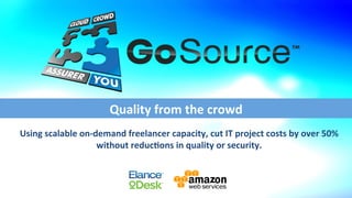 Using	
  scalable	
  on-­‐demand	
  freelancer	
  capacity,	
  cut	
  IT	
  project	
  costs	
  by	
  over	
  50%	
  
without	
  reduc@ons	
  in	
  quality	
  or	
  security.	
  
Quality	
  from	
  the	
  crowd	
  
 