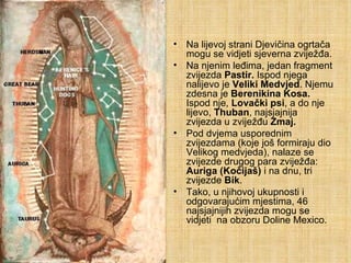 Na lijevoj strani Djevičina ogrtača mogu se vidjeti sjeverna zviježđa. Na njenim leđima, jedan fragment zvijezda  Pastir.  Ispod njega nalijevo je  Veliki Medvjed . Njemu zdesna je  Berenikina Kosa.  Ispod nje,  Lovački psi , a do nje lijevo,  Thuban , najsjajnija zvijezda u zviježđu  Zmaj.  Pod dvjema usporednim zvijezdama (koje još formiraju dio Velikog medvjeda), nalaze se zvijezde drugog para zviježđa:  Auriga (Kočijaš)  i na dnu, tri zvijezde  Bik . Tako, u njihovoj ukupnosti i odgovarajućim mjestima, 46 najsjajnijih zvijezda mogu se vidjeti  na obzoru Doline Mexico. 