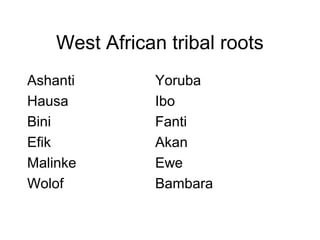 West African tribal roots
Ashanti        Yoruba
Hausa          Ibo
Bini           Fanti
Efik           Akan
Malinke        Ewe
Wolof          Bambara
 