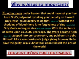No other name under heaven that could have set you free
  from God's judgment by taking your penalty on himself.
    Only Jesus could qualify to do that. (Acts 4:12) Without the
  shedding of blood there is no forgiveness of sins (Hebrews 9:22)
 Only God can forgive sins (Mark 2:6,7; Luke 5:21) With the sentence
of death upon us, 2,000 years ago, The Word became flesh
  (John 1:14) stepped into our courtroom, and paid our sin debt

Himself. Like a compassionate judge giving his own life to
 save the guilty, Jesus Christ took upon Himself the sins of
                               the world
 