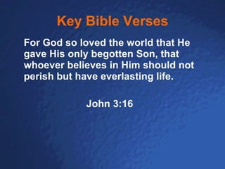 Key Bible Verses For God so loved the world that He gave His only begotten Son, that whoever believes in Him should not perish but have everlasting life. John 3:16 
