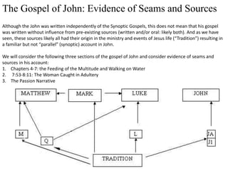 The Gospel of John: Evidence of Seams and Sources
Although the John was written independently of the Synoptic Gospels, this does not mean that his gospel
was written without influence from pre-existing sources (written and/or oral: likely both). And as we have
seen, these sources likely all had their origin in the ministry and events of Jesus life (“Tradition”) resulting in
a familiar but not “parallel” (synoptic) account in John.
We will consider the following three sections of the gospel of John and consider evidence of seams and
sources in his account:
1. Chapters 4-7: the Feeding of the Multitude and Walking on Water
2. 7:53-8:11: The Woman Caught in Adultery
3. The Passion Narrative
 