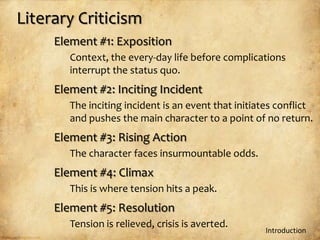 Literary Criticism
     Element #1: Exposition
        Context, the every-day life before complications
        interrupt the status quo.
     Element #2: Inciting Incident
        The inciting incident is an event that initiates conflict
        and pushes the main character to a point of no return.
     Element #3: Rising Action
        The character faces insurmountable odds.
     Element #4: Climax
        This is where tension hits a peak.
     Element #5: Resolution
        Tension is relieved, crisis is averted.
                                                     Introduction
 